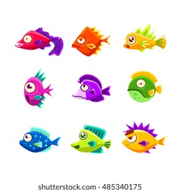 Colorful Cartoon Tropical Fish Collection Of Bright Color Vector Icons Isolated On White Background. Cute Childish Fantastic Animal Characters Design.