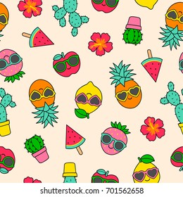 Colorful cartoon tropical fruits and cactus illustration seamless pattern background