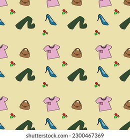 Colorful cartoon t-shirts, pants, bags and high-heeled shoes backgrounds are suitable for children.