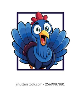 Colorful Cartoon Turkey Illustration with Blue Feathers and Red Comb