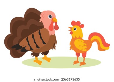 Colorful cartoon turkey and rooster standing together on green grass