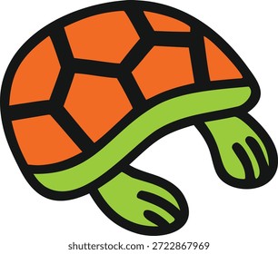 A colorful cartoon turtle with an orange shell and green legs on a white background