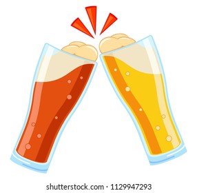 Colorful cartoon two beer glasses. Refreshing drinks for birthday party. Oktoberfest themed vector illustration for icon, sticker, patch, label, badge, certificate, leaflet or ad banner decoration