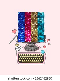 Colorful Cartoon Typewriter With Cute Icons And Glitter Sequins Illustration