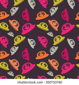 Colorful cartoon UFO seamless pattern. Vector illustration