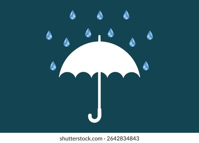 Colorful cartoon umbrella with blue rain drops, flat vector illustration for rainy weather themes, cute and seamless design for children’s books, fabric prints, and seasonal creative projects

