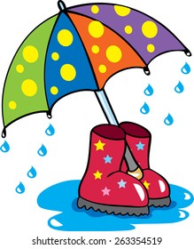 A colorful cartoon umbrella and some waterproof boots in a puddle of water, with raindrops splashing down