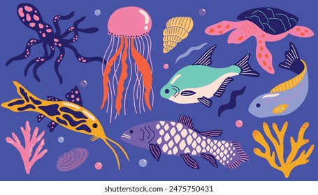 Colorida caricatura bajo el agua con animales y plantas exóticos: peces, algas, jalea, algas, coral, medusas, pulpo, concha marina, tortuga. Fauna marina y oceánica con diferentes especies y criaturas marinas
