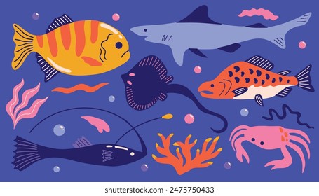 Colorful cartoon underwater set with exotic animals and plants: fish, seaweed, algae, coral, shark, stingray, crab. Ocean, sea fauna, different marine creatures, species vector illustration elements