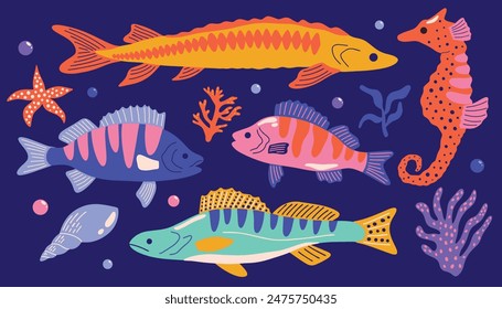 Colorful cartoon underwater set with exotic animals and plants: fish, seaweed, algae, coral, seashell, turtle. Ocean and sea fauna, different marine creatures, species vector illustration elements