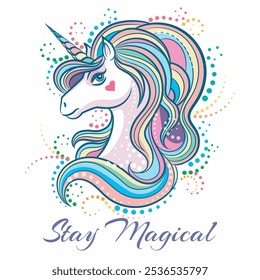 Colorful cartoon unicorn head. Rainbow colored unicorn head with wording stay magical isolated vector illustration