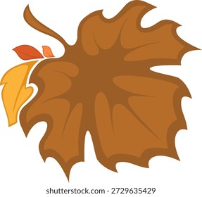 Ein bunter Cartoon-Vektor eines herbstlichen Ahornblattes, mit einem großen braunen Blatt, einem kleineren gelben Blatt und einem winzigen roten Blatt, das am Stamm befestigt ist. Perfekt für Herbstprojekte, Cliparts, Dekorationen.
