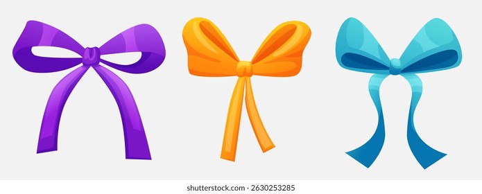 Colorful cartoon vector bows set. Perfect for decorating gift boxes, cards, party designs, and festive graphics. Includes purple, orange, and blue ribbon styles.