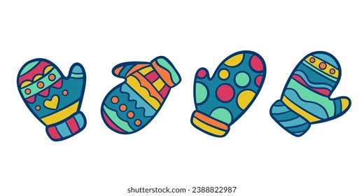 Colorful cartoon vector gloves, hand drawn illustration for the winter, cute doodle collection