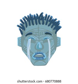 Colorful cartoon vector illustration of blue metallic robot face, crying with tears. Artificial Intelligence emotion concept. Chatbot avatar, messenger sticker, emoticon. Isolated on white background.