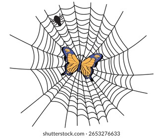 Ilustração colorida vetorial de desenho animado de uma borboleta capturada em uma teia de aranha com uma aranha se aproximando. Representa a interação da natureza entre predadores e presas com insetos