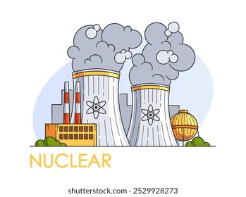 Colorful Cartoon Vector Illustration Featuring Nuclear Power Plant With Cooling Towers Emitting Smoke With Atomic Symbol