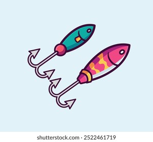 Ilustración vectorial colorida de la historieta de señuelos de los pescados con los ganchos en un fondo azul claro para los entusiastas de la pesca y los ilustradores
