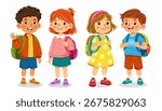 Colorful cartoon vector illustration of four cheerful school children standing together with backpacks
