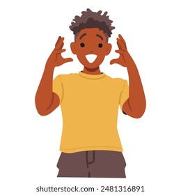 Colorful Cartoon Vector Illustration Of A Happy African American Boy Character With A Surprised Facial Expression And Hands Up. Teen Kid Wearing A Yellow Shirt And Expressing Excitement Or Amazement