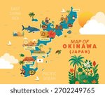 Colorful cartoon vector illustration of the map of Okinawa, Japan. This stylized map features famous landmarks and attractions.