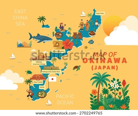 Colorful cartoon vector illustration of the map of Okinawa, Japan. This stylized map features famous landmarks and attractions.
