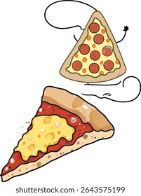 A colorful cartoon vector illustration of a pizza slice, a hot fast food meal with cheese and meat, ideal for use in restaurant-themed icon sets.