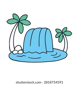 A colorful cartoon vector illustration of a small waterfall flowing into a blue pond surrounded by palm trees and rocks