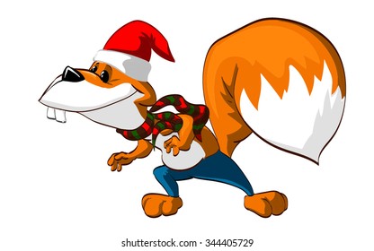 Colorful cartoon vector illustration of a squirrel with Christmas hat, scarf and blue pants.