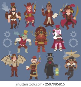 Colorful cartoon vector illustration of steampunk characters. Victorian old west pirates vampire monsters pilots scientists plague doctor. Fun steam clockwork inventions. Flat colors