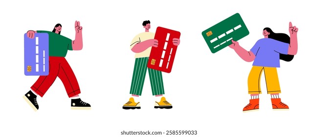 Colorful cartoon vector illustration of three happy people holding large credit cards. Perfect for finance, banking, online payments, fintech, shopping and e-commerce designs.