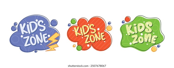 Colorful Cartoon Vector Kid Zone Logos Featuring Playful Designs In Blue, Red, And Green With Bold Text And Fun Elements