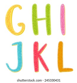 Colorful cartoon vector letters with hand drawn texture. Latin alphabet: G, H, I, J, K, L.