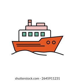 Um colorido vetor de desenhos animados de um navio de passageiros com um casco laranja e cabines brancas, cruzando em ondas azuis. Ideal para viagens e temas de turismo.
