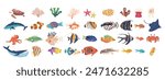 Colorful Cartoon Vector Set Of Various Sea Creatures And Marine Animals. Fish, Corals And Underwater Elements