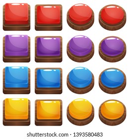 Colorful cartoon vector square and round buttons in wooden frame set, pressed and not pressed versions. Assets for web or game design, app icons vector template isolated on white background.
