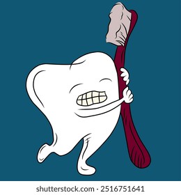 Colorido Vector de dibujos animados de un diente que sostiene un cepillo de dientes Grande con una expresión determinada, sobre un fondo azul. Ideal para promover el cuidado dental, la higiene bucal o las campañas de salud.