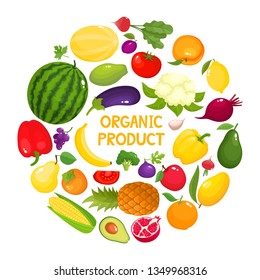 Colorful cartoon vegetables and fruits icons in round isolated on white. Vector illustration of fresh organic food banner with text used for magazine, book, poster, card, menu cover, web pages.