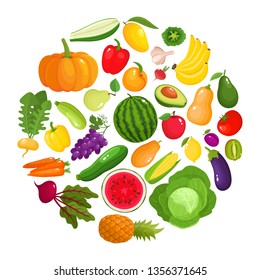 Colorful cartoon vegetables and fruits icons in round isolated on white. Vector illustration of fresh organic food banner used for magazine, book, poster, card, menu cover, web pages.
