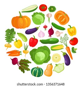 Colorful cartoon vegetables icons in round isolated on white. Vector illustration of fresh organic vegetable banner used for magazine, book, poster, card, menu cover, web pages.