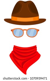 Colorful cartoon western avatar. Stetson hat, bandanna scarf and glasses. Wild west vector illustration for gift card certificate sticker, badge, sign, label, icon, poster, patch, banner invitation