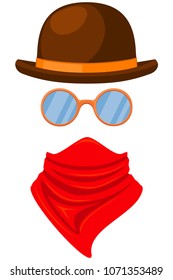 Colorful cartoon western avatar. Stetson hat, bandanna scarf and round glasses. Wild west vector illustration for gift card certificate sticker, badge, sign, logo, label, icon, poster, patch, banner 