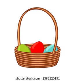 Colorful cartoon wicker basket of eggs. Farm eco bag. Easter themed vector illustration for icon, stamp, label, certificate, brochure, gift card, poster, coupon or banner decoration