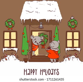 Colorful cartoon winter snowy house decorated with wreath,garland and snowdrift with candies. Two mice greeting each other. Vector christmas illustration. 