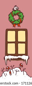 Colorful cartoon winter snowy house window with wreath and snowdrift with candies. Vector hand drawn illustration. 