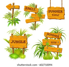 Colorful cartoon wooden banners with leaves and space for text.