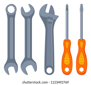 Colorful cartoon wrench screwdriver set. Handyman tools for home repair. Maintenance themed vector illustration for icon, sticker, patch, label, sign, badge, certificate or flayer decoration