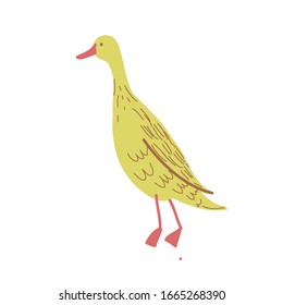 Colorful cartoon yellow duck with long body, children art. Vector stock illustration for poster postcard, kids games.