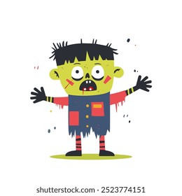 A colorful cartoon zombie character with exaggerated features, wearing a patched-up outfit. The playful design is perfect for Halloween-themed projects or fun illustrations.