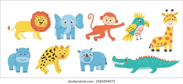 Colorful cartoon zoo kids animals: lion, elephant, monkey, parrot, giraffe, hippo, cheetah, crocodile.